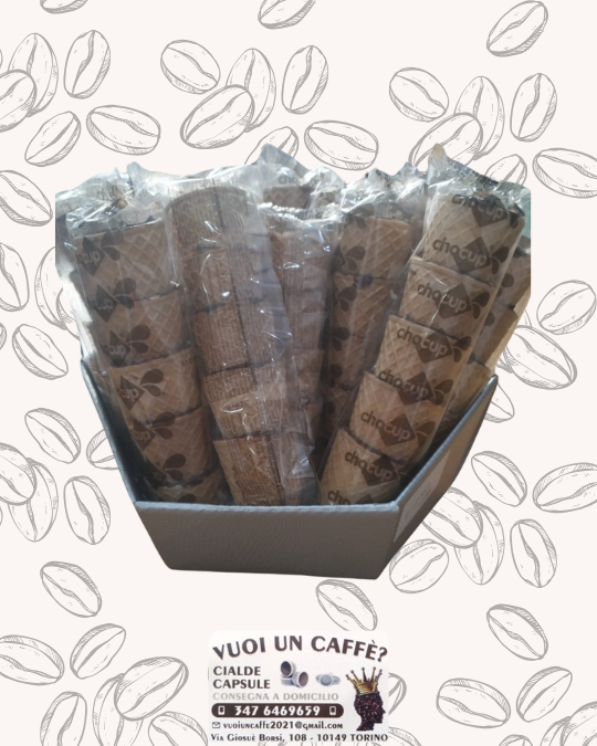 Bicchierini cialda con cioccolato 5 pezzi a pacchetto.